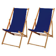 2 Hardwood Deckchairs, Plain Blue