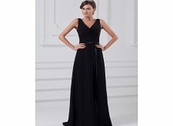 A-line V-neck Bow Belt Pleat Floor-length