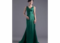 A-line V-neck Pleat Sweep Train Satin Dress