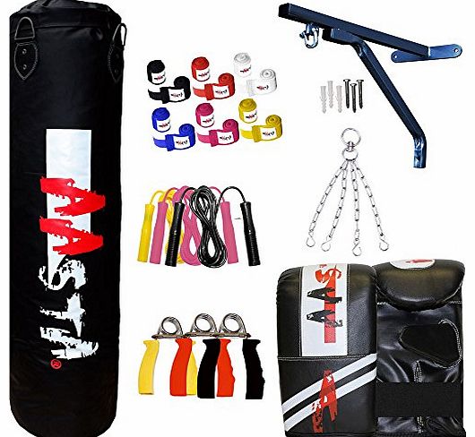 4ft Filled Punch Bag,Wall Bracket,Bag Gloves,Hand Wraps,Skipping Rope