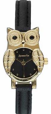 Ladies Gold Owl Dial Black Strap