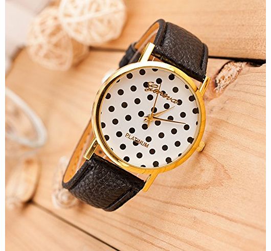 AccessoryStation Black Fashinable Women Lady Geneva PU Leather Band Wave Point Polka Wrist Watch