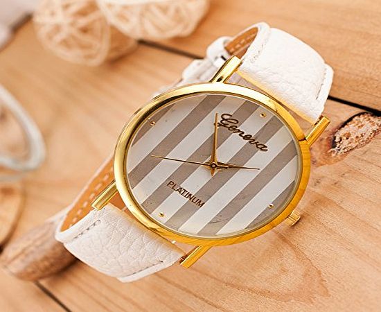 AccessoryStation White Fashinable Women Lady Geneva PU Leather Band Stripe Wrist Watch