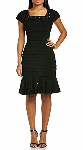 Adrianna Papell Women Mermaid Skirt Banded Sheath Cocktail Striped Short Sleeve Dress, Black, Size 12