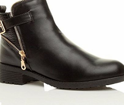 Ajvani WOMENS LADIES CHUNKY LOW HEEL BUCKLE GOLD ZIP CHELSEA BIKER ANKLE BOOT SIZE 5 38