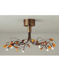 Alder 6 Light Antique Brass and Amber Ceiling Light