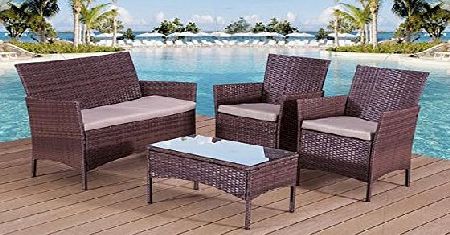 Am NEW GARDEN FURNITURE SET WAVE PVC RATTAN TABLE BENCH 2XARMCHAIR BROWN PATIO OTUDOOR