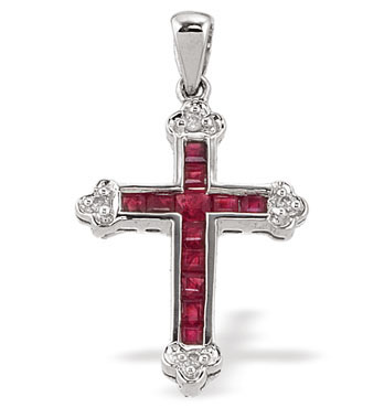 White Gold Diamond Ruby Cross & Chain (182)