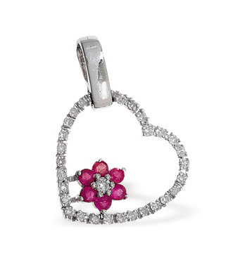 White Gold Diamond Ruby Heart Pendant & Chain