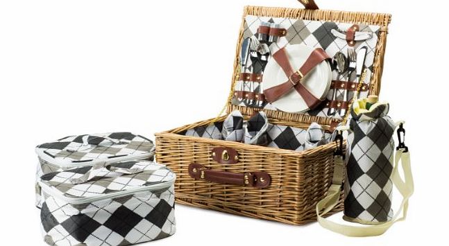 Andrew James 4 Person Premium Traditional Wicker Picnic Hamper With Elegant Chequered Lining, Ceramic Plates, Sta