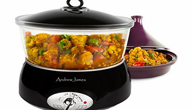 Andrew James Premium Glass Slow Cooker 6.5 Litre Black, Including A Tagine Attachment