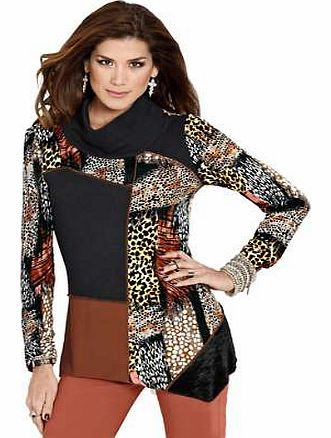 Print Cowl Neck Patchwork Top