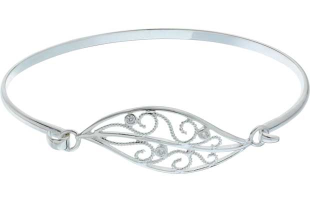 Sterling Silver Cubic Zirconia Leaf Bangle