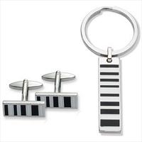 Aston Brown Black/ White Stripe Enamel Cufflinks and Keyring