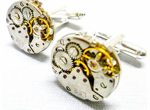 ASVP SHOP BESPOKE VINTAGE WATCH MOVEMENT STEAMPUNK MENS CUFFLINKS (Round 16mm)