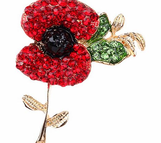 Avalaya Red, Black, Green Austrian Crystal Poppy Flower Brooch In Gold Plating - 55mm Length