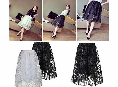 BeautyStyle Vintage Retro Women High Waist Elastic Flared Skater Pleated Lace Midi Skirt Xmas gift