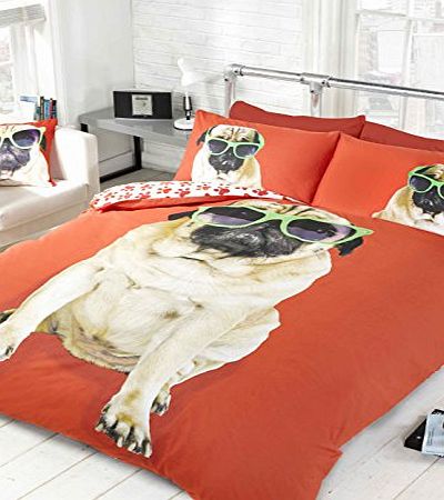 Bedding Heaven Reversible, Fun Design. PERCY PUG DUVET COVER, RED. DOUBLE BED SIZE DUVET COVER. Cute Dog in Sunglasses, Paw Prints on Reverse.