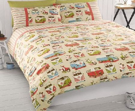 #bedding VW CAMPER RETRO Duvet Cover Set - Cream Pink Green REVERSIBLE Bed Quilt Cover Cream ( pink green blue brown Double Duvet Cover ( kids )