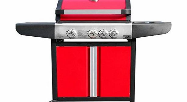 Bentley BBQ BENTLEY 4 BURNER ( 3   1 SIDE) RED STAINLESS STEEL GAS BBQ OUTDOOR GARDEN GRILL WITH CUPBOARD