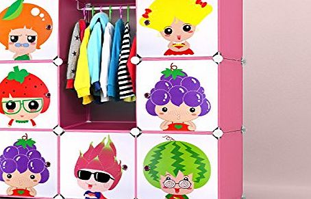 Best Desk Kids Storage Boxes Children Wardrobe with FREE Clothes Hanging Rail Toy Boxes Shoe Rack Interlocking Storage Shelves Kids Cabinet Storage Units - 9 Storage Cubes Fruity Heads with Doors (Pink)