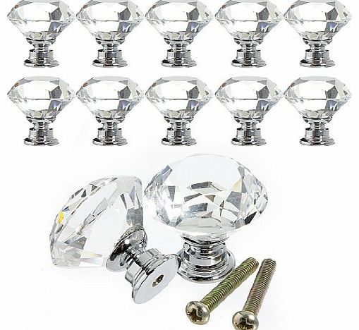 10pcs 30mm Diamond Crystal Glass Door Drawer Cabinet Furniture Handle Knob Screw