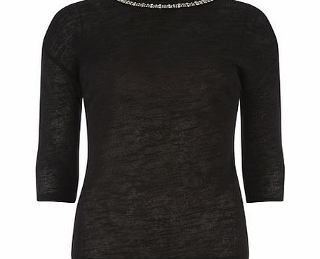 Bhs Black Necklace Trim Knit Top, black 19127778513