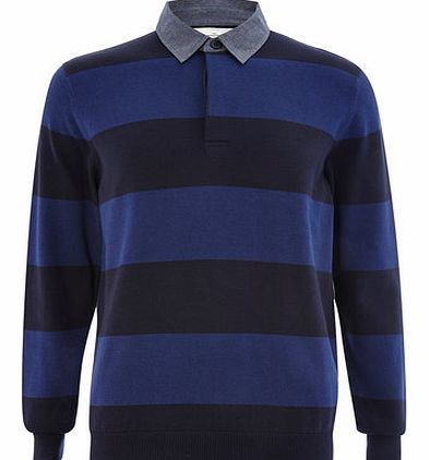 Bhs Blue Block Stripe Collar Rugby Jumper, Blue