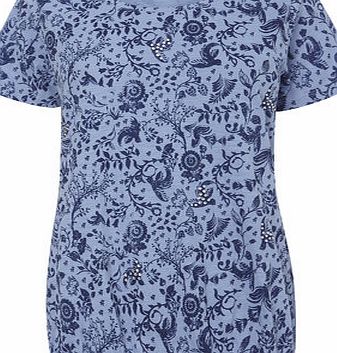 Bhs Blue Short Sleeve Floral Bubble Hem, blue