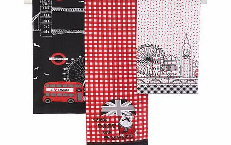 Bhs English bull dog set of 3 tea towels, red