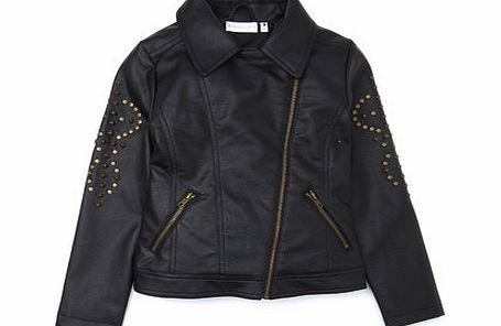 Bhs Girls Black Studded Sleeve Biker Jacket, black