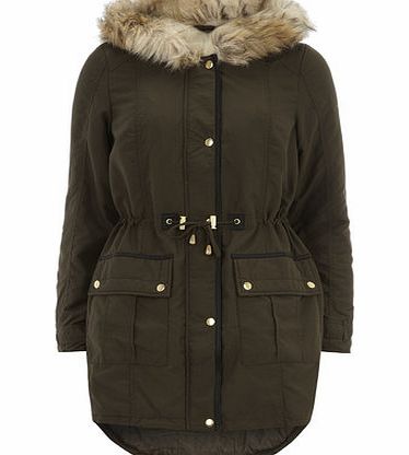 Khaki Long Fur Hood Parka Jacket, green