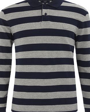 Bhs Navy Long Sleeved Striped Polo Shirt, Blue