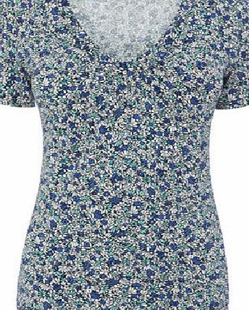 Bhs Navy Mini Leaf Printed Gathered V Neck Top, navy