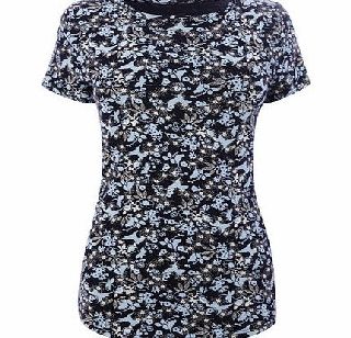 Bhs Navy Short Sleeve Bird Print Crew Neck Top, navy