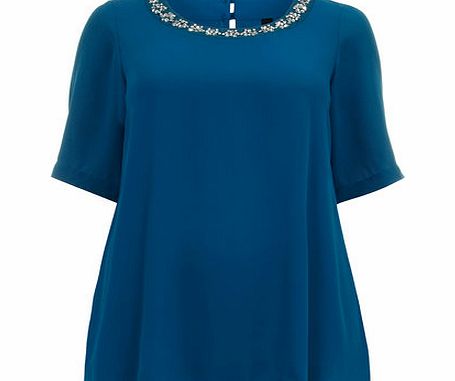 Bhs Teal Green Embellished Neck Crepe Top, green