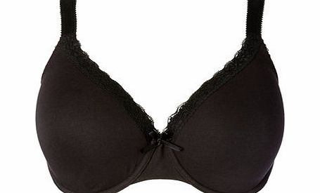 Womens Black Cotton and Lace T-Shirt Bra, black