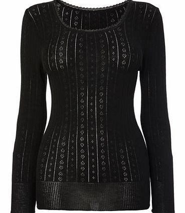 Womens Black Pointelle Long Sleeve Thermal