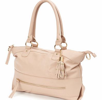 Womens Nude Stud Tassel Shoulder Bag, nude