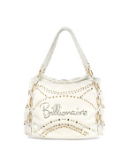 White Rhinestone Logo Double-handle Studded Bag