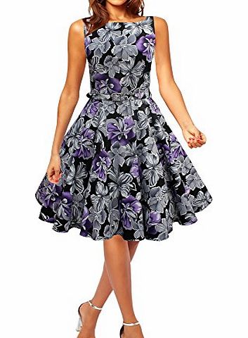 Black Butterfly Clothing Black Butterfly Floral Audrey Hepburn Style Vintage 1950s Rockabilly Dress (Black amp; Purple, 12)