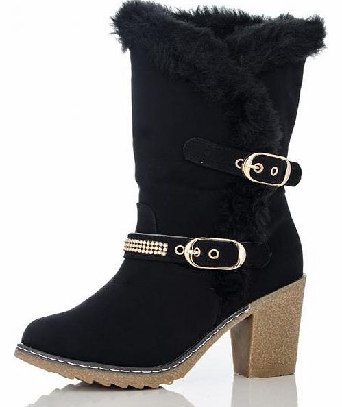 Faux Fur Trim Diamante Strap Boots