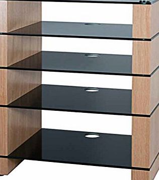 BLOK Hi-Fi Stands Hifi Stand, Hi-Fi Rack, AV Audio Stand. Oak with Five Black Glass Shelves