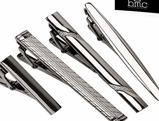 BMC 4pc Gunmetal Gray Metal Alloy Mens Luxury Fashion Necktie Clips Bar Variety Set