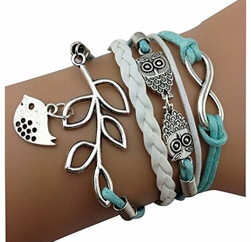 Vintage Handmade Infinity Silver 8 Owl Leaf Bird Leather Bracelet Wristband New