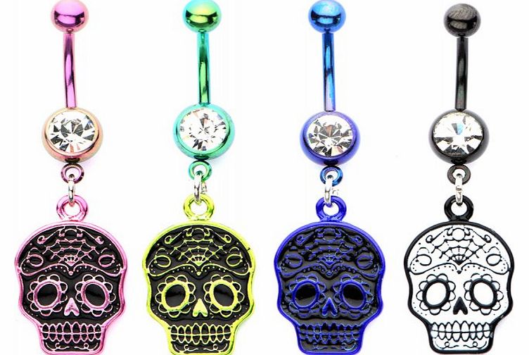 Body Vibe Sugar Skull Gem Navel Bar NT435SKULL-GRN