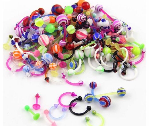 BODYA Lot of 80 Wholesale Flexible Mix UV Lip Tongue Ring Eyebrow Bar Barbell Stud Body Piercing Jewelry