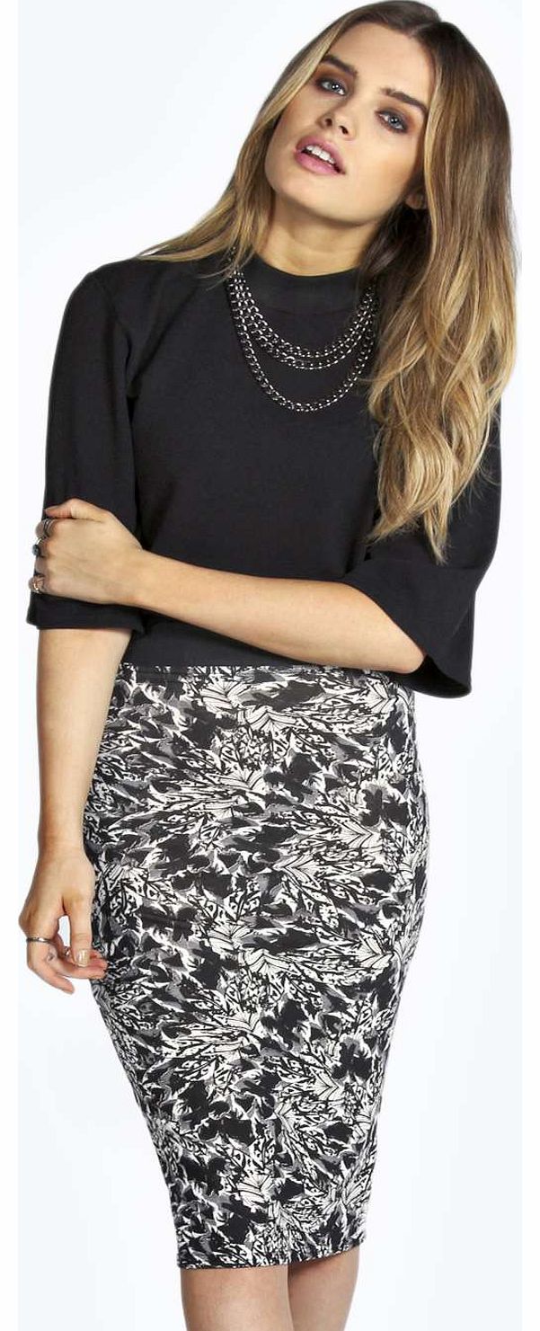 boohoo Abby Abstract Print Elastic Waist Midi Skirt -