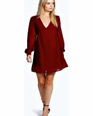 Aerial Long Sleeve V Front Smock Dress - berry