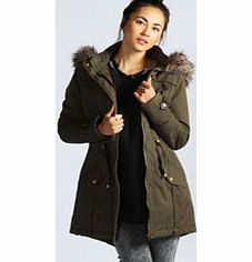 Alia Faux Fur Leather Trim Parka - khaki azz40298